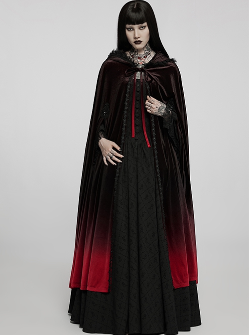 Gothic Style Luxury Velvet Exquisite Lace Ribbon Decoration Black  Red Dreamy Gradient Hooded Long Loak