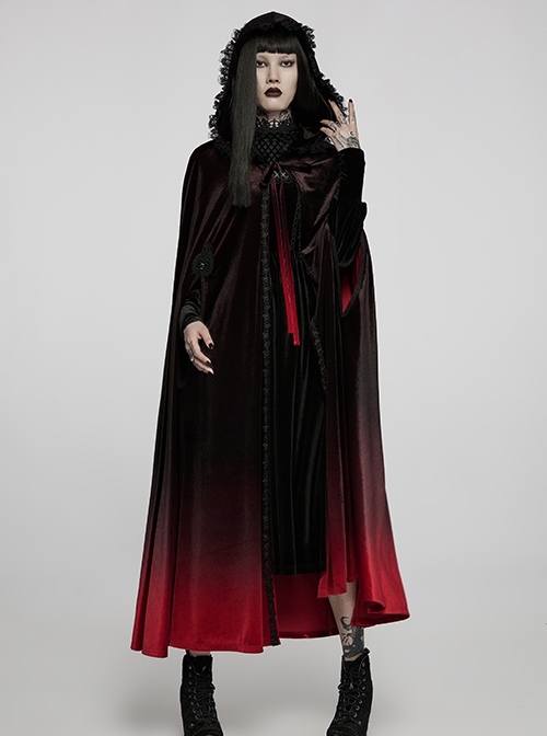 Gothic Style Luxury Velvet Exquisite Lace Ribbon Decoration Black  Red Dreamy Gradient Hooded Long Loak