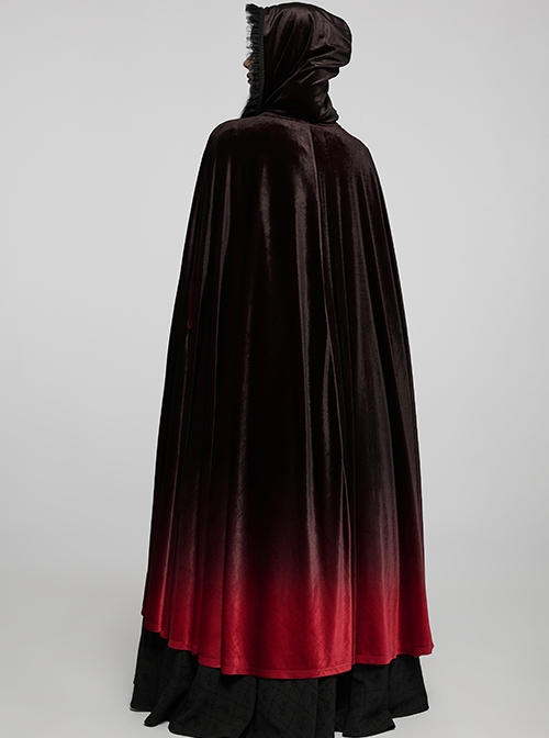 Gothic Style Luxury Velvet Exquisite Lace Ribbon Decoration Black  Red Dreamy Gradient Hooded Long Loak