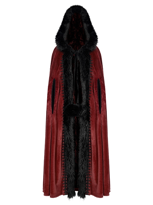 Gothic Style Luxury Faux Rabbit Fur Fabric Exquisite Lace Trim Plush Decoration Noble Red Hooded Long Cloak