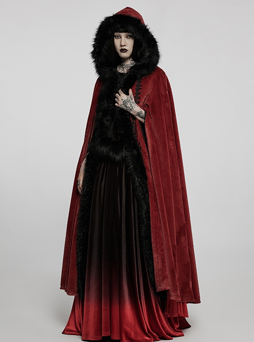 Gothic Style Luxury Faux Rabbit Fur Fabric Exquisite Lace Trim Plush Decoration Noble Red Hooded Long Cloak