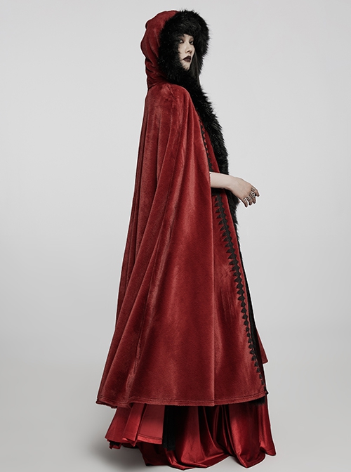 Gothic Style Luxury Faux Rabbit Fur Fabric Exquisite Lace Trim Plush Decoration Noble Red Hooded Long Cloak