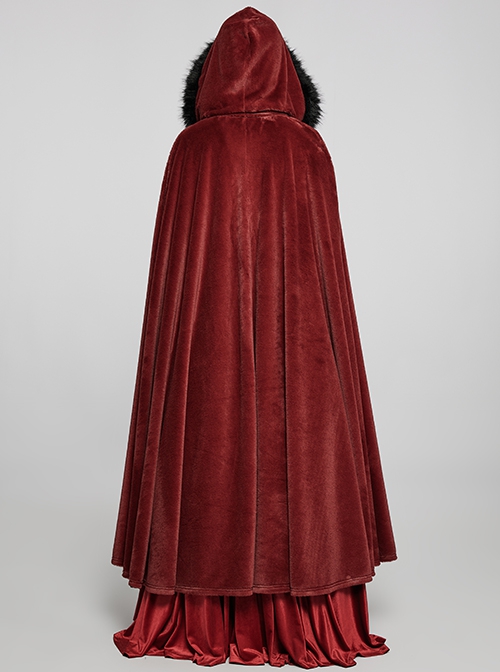 Gothic Style Luxury Faux Rabbit Fur Fabric Exquisite Lace Trim Plush Decoration Noble Red Hooded Long Cloak