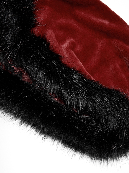 Gothic Style Luxury Faux Rabbit Fur Fabric Exquisite Lace Trim Plush Decoration Noble Red Hooded Long Cloak