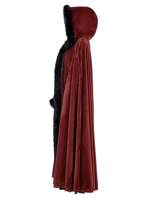Gothic Style Luxury Faux Rabbit Fur Fabric Exquisite Lace Trim Plush Decoration Noble Red Hooded Long Cloak