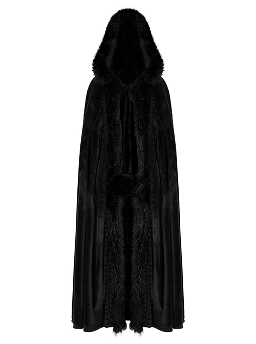 Gothic Style Soft Faux Rabbit Fur Fabric Winter Warm Exquisite Lace Trim Plush Black Hooded Long Cloak