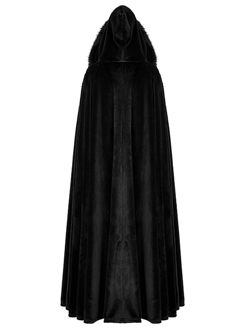 Gothic Style Soft Faux Rabbit Fur Fabric Winter Warm Exquisite Lace Trim Plush Black Hooded Long Cloak