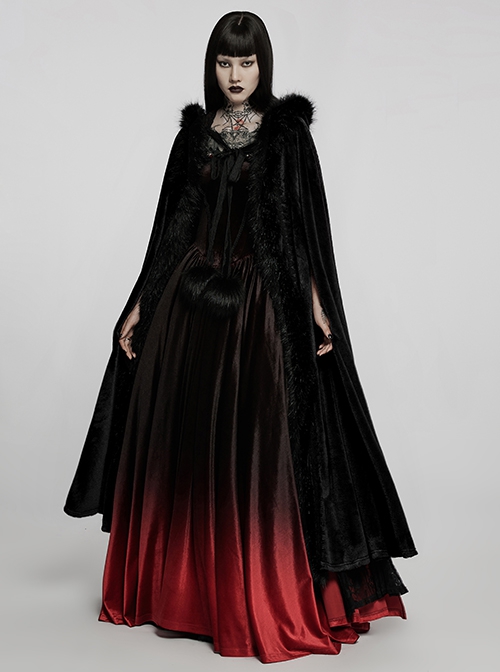 Gothic Style Soft Faux Rabbit Fur Fabric Winter Warm Exquisite Lace Trim Plush Black Hooded Long Cloak