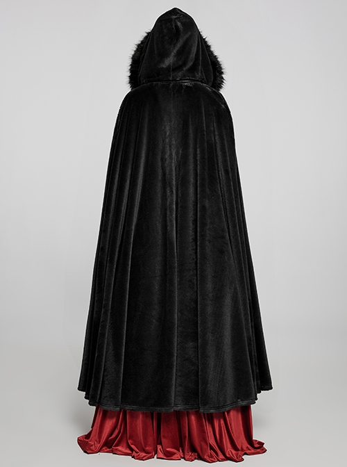 Gothic Style Soft Faux Rabbit Fur Fabric Winter Warm Exquisite Lace Trim Plush Black Hooded Long Cloak