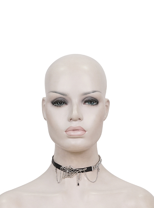 Punk Style Asymmetrical Leather Stitching Metal Chain Front Spider Web Pendant Decoration Black Personality Necklace
