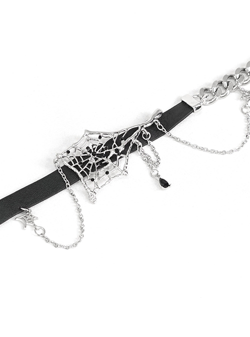 Punk Style Asymmetrical Leather Stitching Metal Chain Front Spider Web Pendant Decoration Black Personality Necklace