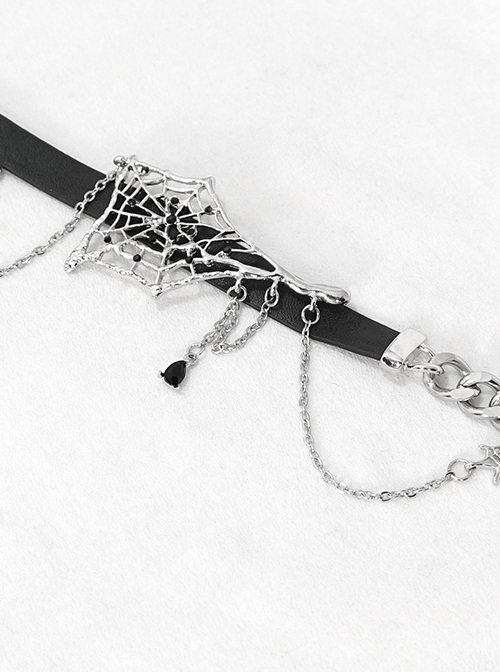 Punk Style Asymmetrical Leather Stitching Metal Chain Front Spider Web Pendant Decoration Black Personality Necklace