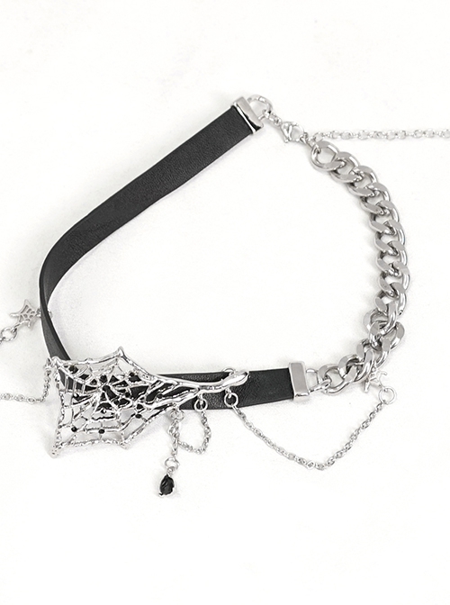 Punk Style Asymmetrical Leather Stitching Metal Chain Front Spider Web Pendant Decoration Black Personality Necklace