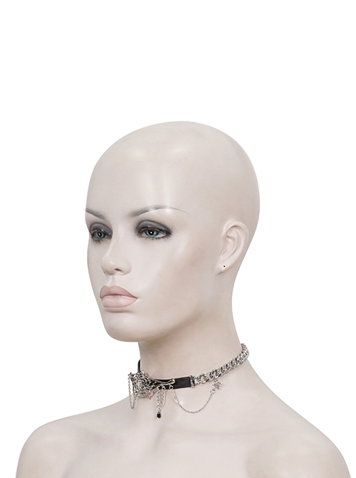 Punk Style Asymmetrical Leather Stitching Metal Chain Front Spider Web Pendant Decoration Black Personality Necklace