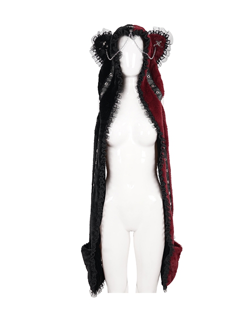 Punk Style Personalized Warm Velvet Metal Skull Black And Red Hooded Scarf