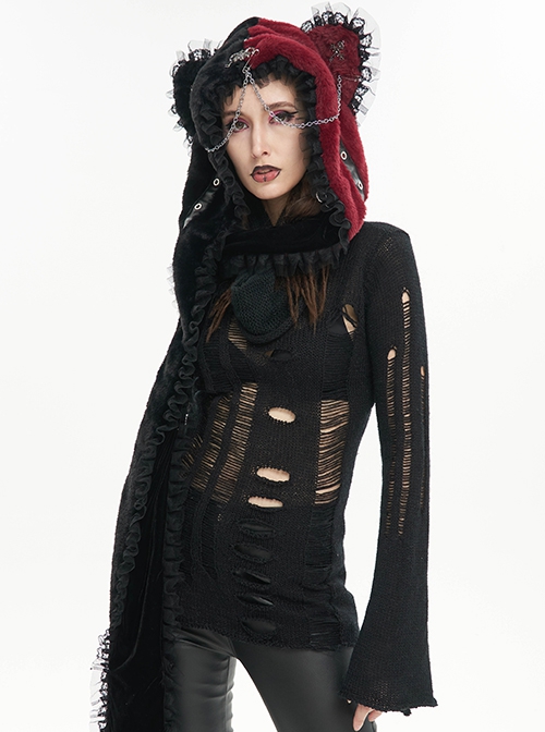 Punk Style Personalized Warm Velvet Metal Skull Black And Red Hooded Scarf