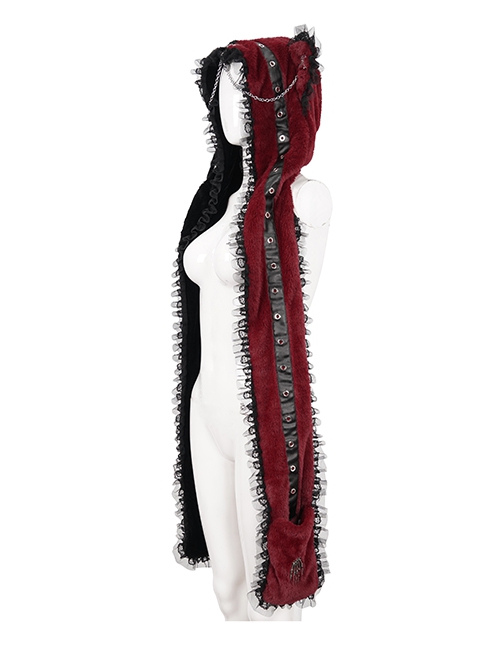 Punk Style Personalized Warm Velvet Metal Skull Black And Red Hooded Scarf