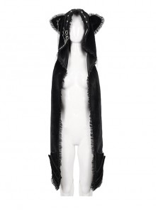Punk Style Fur Laminated Statement Batwing Pocket Black Hand Hooded Scarf