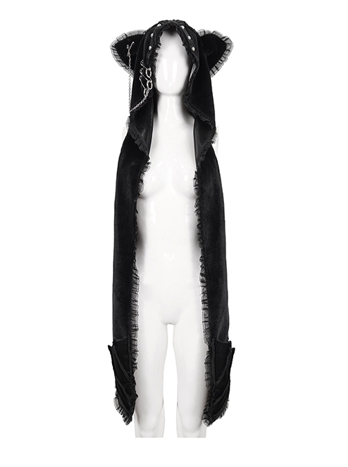 Punk Style Fur Laminated Statement Batwing Pocket Black Hand Hooded Scarf