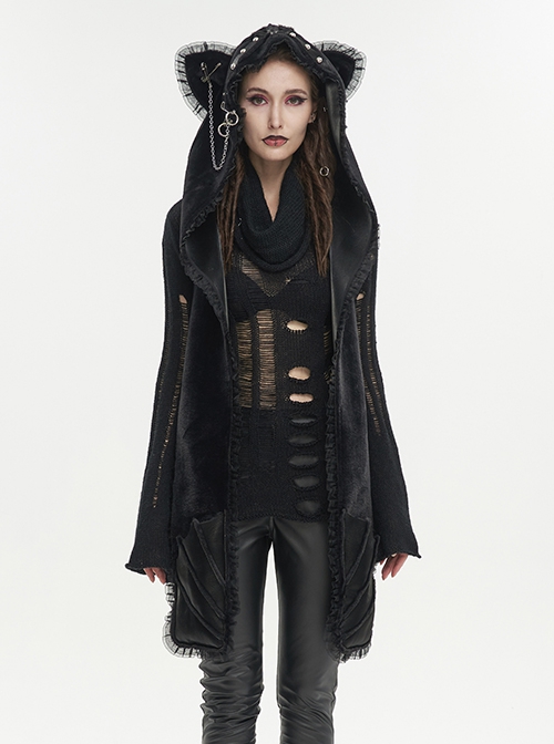 Punk Style Fur Laminated Statement Batwing Pocket Black Hand Hooded Scarf