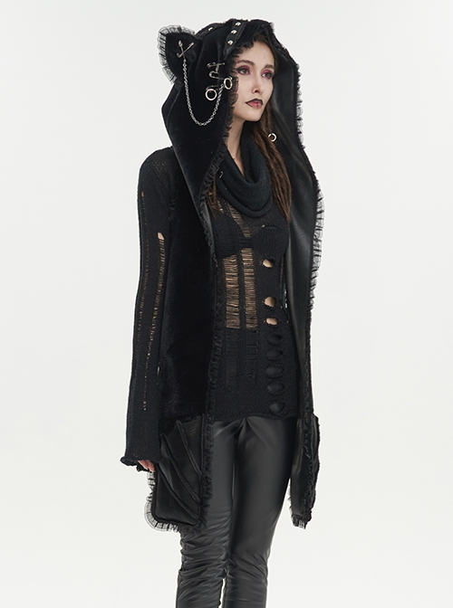 Punk Style Fur Laminated Statement Batwing Pocket Black Hand Hooded Scarf