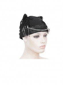 Punk Style Personality Stiff Knit With Metal Chain Black Breathable Cat Ear Hat