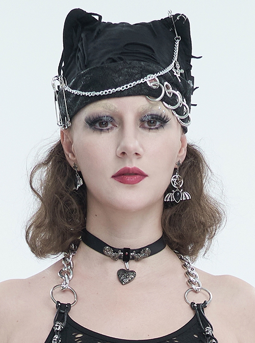 Punk Style Personality Stiff Knit With Metal Chain Black Breathable Cat Ear Hat