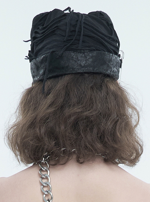 Punk Style Personality Stiff Knit With Metal Chain Black Breathable Cat Ear Hat