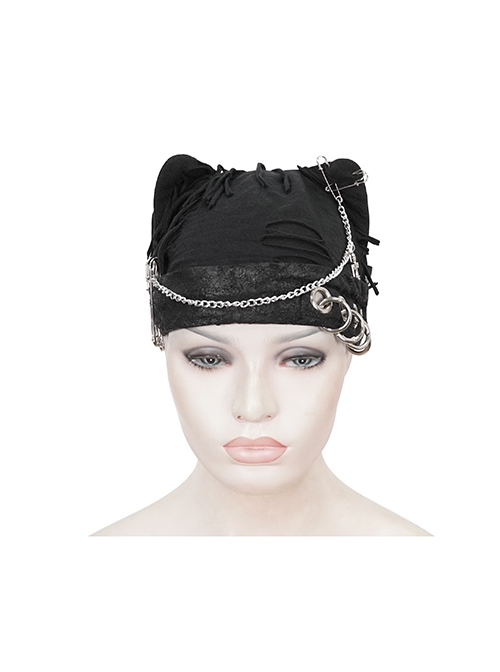Punk Style Personality Stiff Knit With Metal Chain Black Breathable Cat Ear Hat