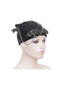 Punk Style Personality Stiff Pleated Knit With Metal Chain Black Breathable Bat Wing Hat