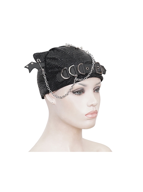 Punk Style Personality Stiff Pleated Knit With Metal Chain Black Breathable Bat Wing Hat