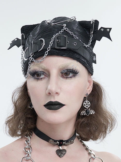Punk Style Personality Stiff Pleated Knit With Metal Chain Black Breathable Bat Wing Hat