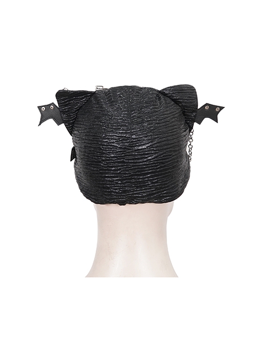 Punk Style Personality Stiff Pleated Knit With Metal Chain Black Breathable Bat Wing Hat