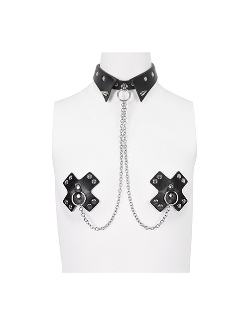 Gothic Style Sexy Rivet Imitation Leather Collar Metal Chain Link Black Cross Nipple Sticker