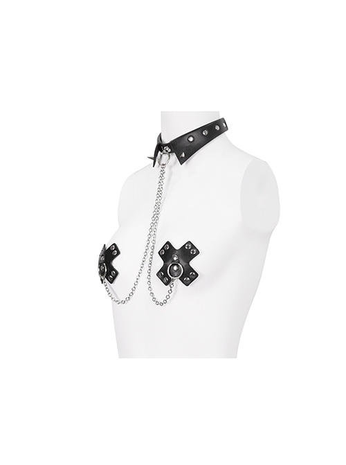Gothic Style Sexy Rivet Imitation Leather Collar Metal Chain Link Black Cross Nipple Sticker