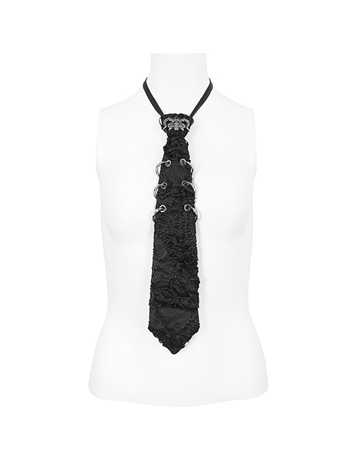 Punk Style Handsome Crackle Rubberized Knitted Side Detachable Metal Ring Black Skull Tie