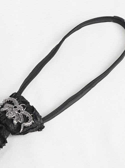 Punk Style Handsome Crackle Rubberized Knitted Side Detachable Metal Ring Black Skull Tie