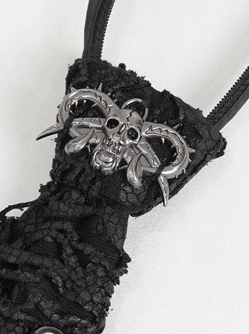 Punk Style Handsome Crackle Rubberized Knitted Side Detachable Metal Ring Black Skull Tie