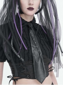 Punk Style Asymmetric Metal Rivet Decorated Front Center Slit Black Leather Tie