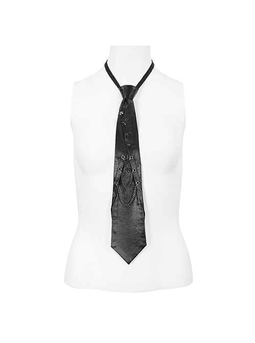 Punk Style Asymmetric Metal Rivet Decorated Front Center Slit Black Leather Tie