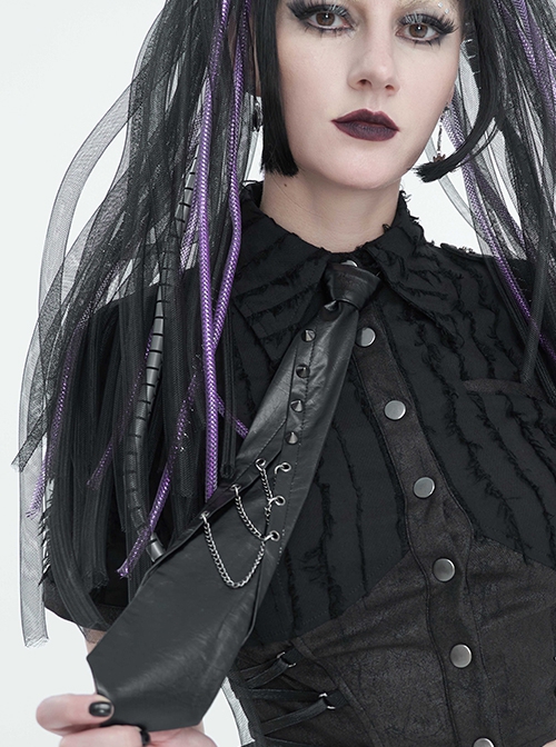 Punk Style Asymmetric Metal Rivet Decorated Front Center Slit Black Leather Tie