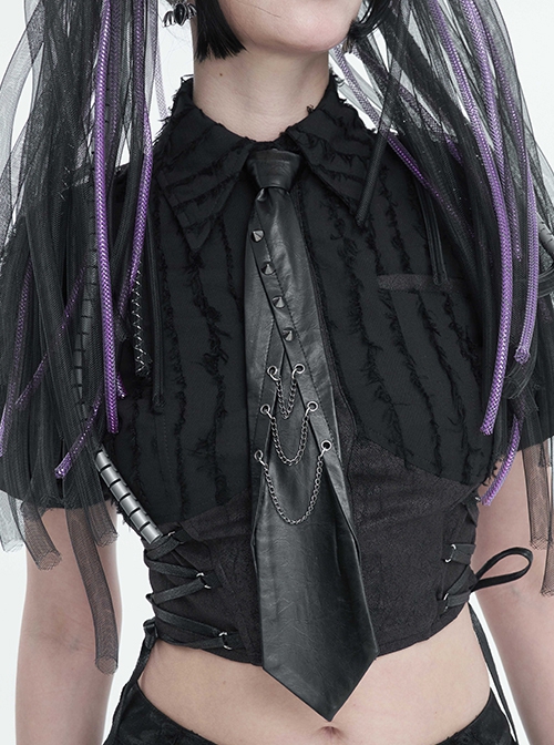 Punk Style Asymmetric Metal Rivet Decorated Front Center Slit Black Leather Tie