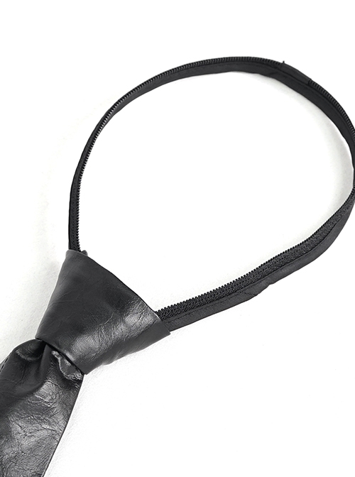 Punk Style Asymmetric Metal Rivet Decorated Front Center Slit Black Leather Tie