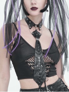 Gothic Style Adjustable Personalized Metal Rivet Decoration Black PU Imitation Leather Tie