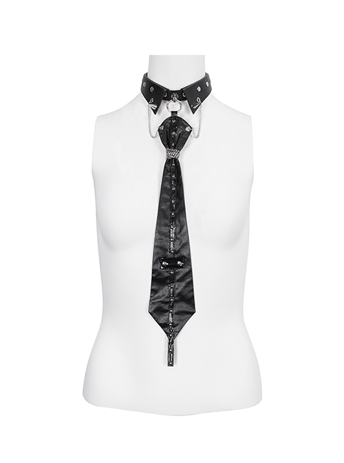 Gothic Style Adjustable Personalized Metal Rivet Decoration Black PU Imitation Leather Tie
