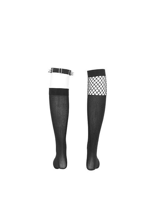 Gothic Style Sexy Mesh Asymmetric Metal Heart Rivet Decoration Black Elastic Calf Socks