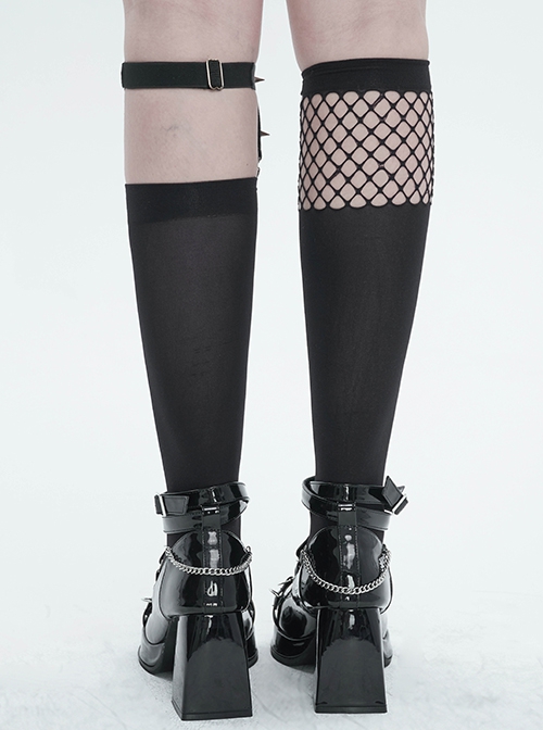 Gothic Style Sexy Mesh Asymmetric Metal Heart Rivet Decoration Black Elastic Calf Socks