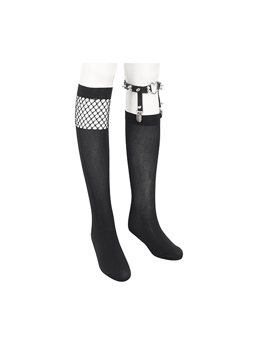 Gothic Style Sexy Mesh Asymmetric Metal Heart Rivet Decoration Black Elastic Calf Socks