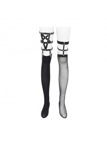 Gothic Style Sexy Asymmetric Mesh Adjustable PU Leather Metal Rivet Black Stretch Stockings