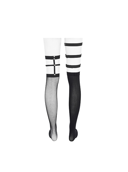 Gothic Style Sexy Asymmetric Mesh Adjustable PU Leather Metal Rivet Black Stretch Stockings